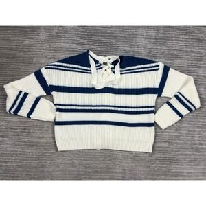 Derek Heart Sweater Womens Medium Blue Striped Cropped Acrylic Long Sleeve‎